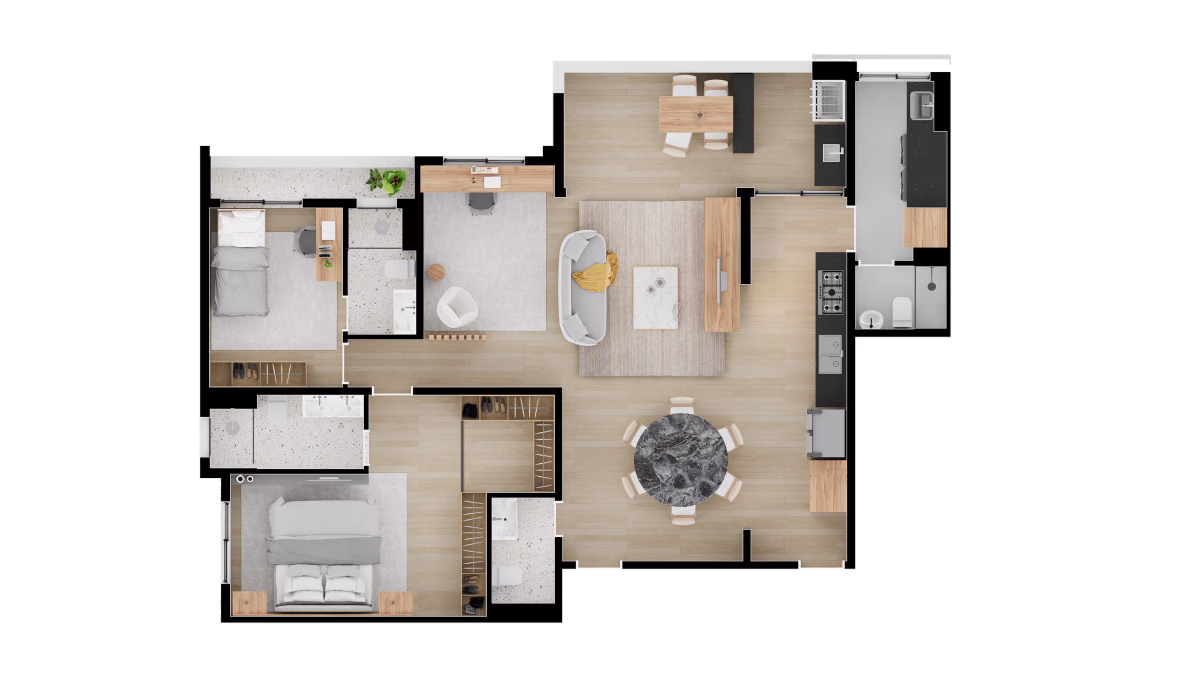 Planta de apartamento de 125 m² com 3 dormitórios e 2 suítes
