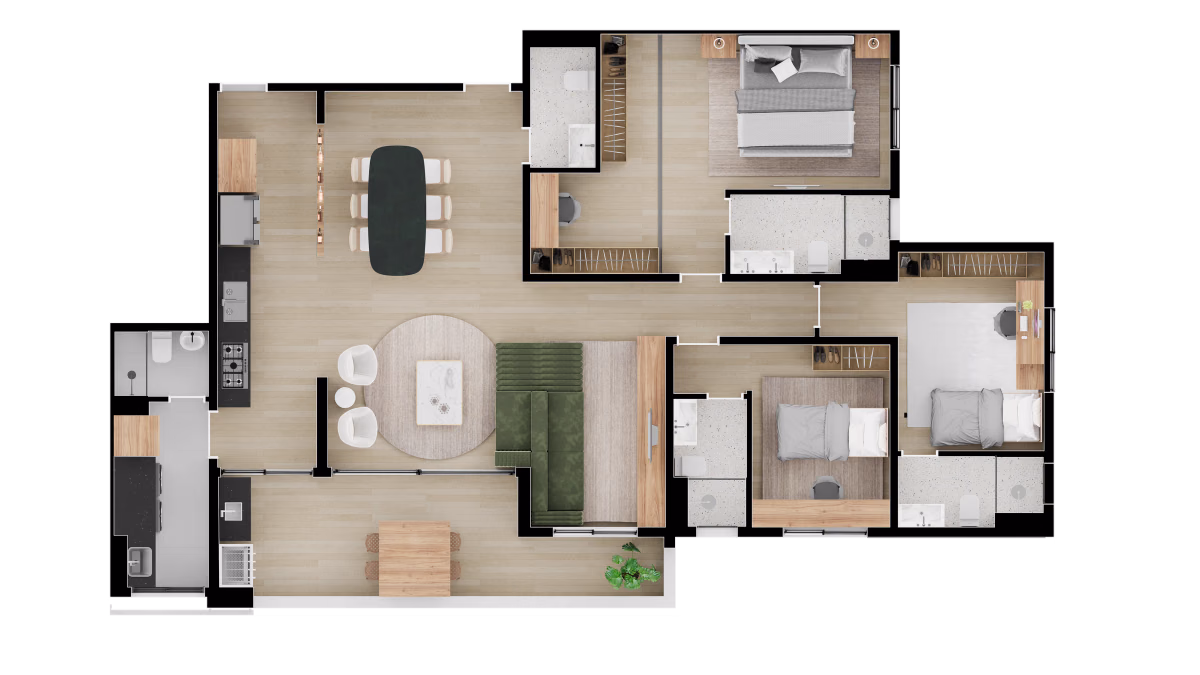 Planta de apartamento de 150 m² com 4 dormitórios e 3 suítes