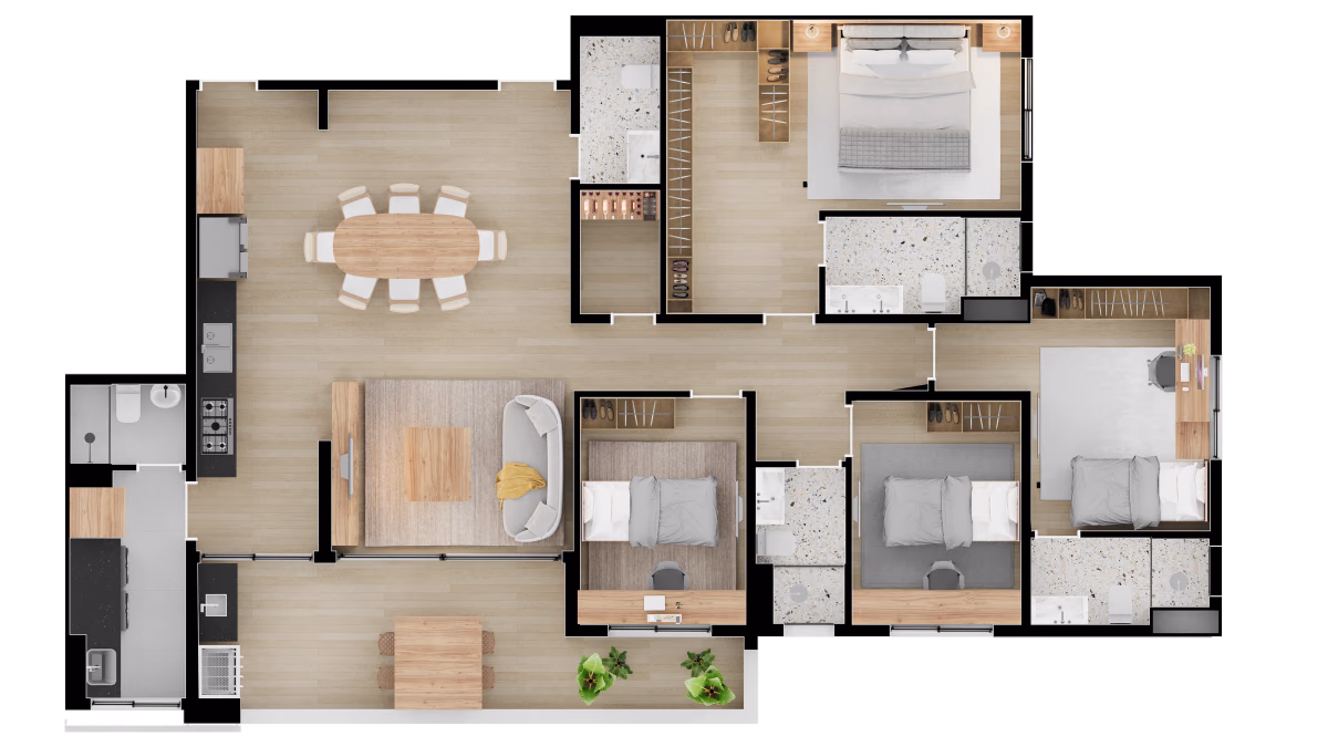 Planta de apartamento de 150 m² com 4 dormitórios e 2 suítes